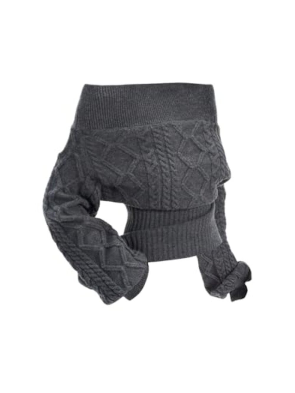 Off Shoulder Cable Knit Sweater Cinched Waist Lantern Sleeve